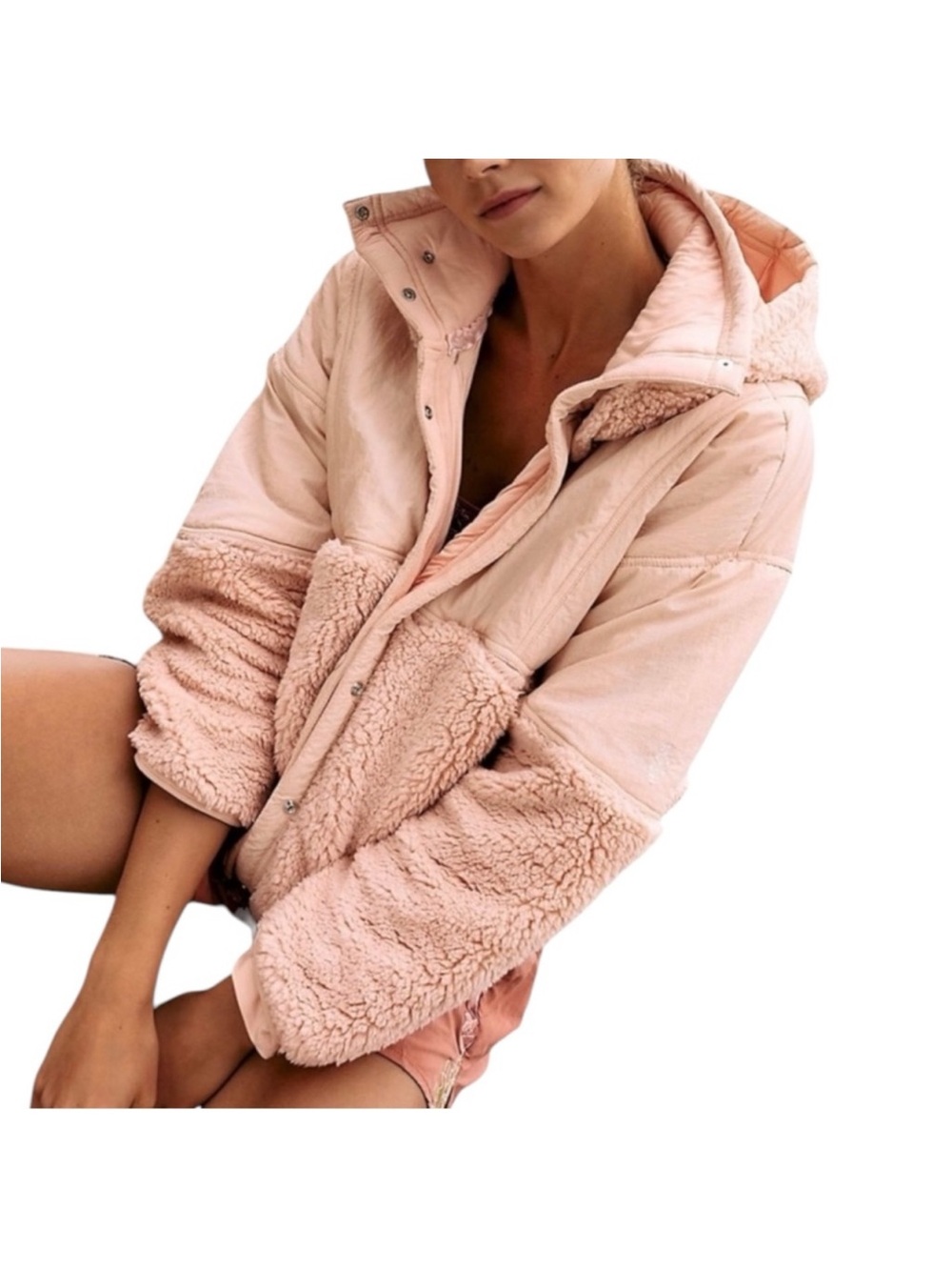FP MOVEMENT by FREE PEOPLE Peach Fleece Jacket S Adventure Awaits Removable Hood